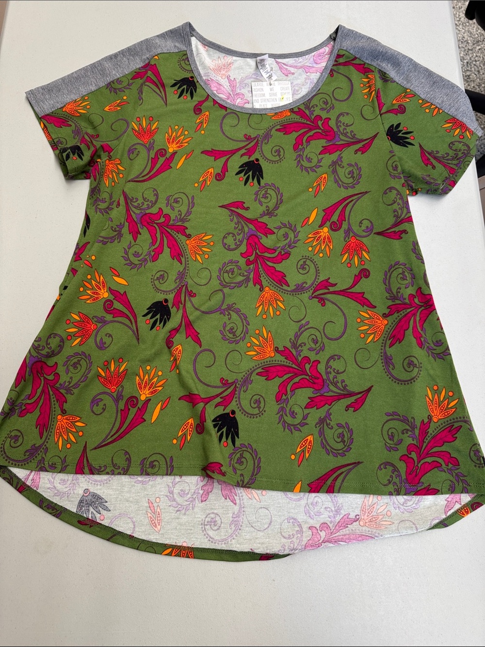 LuLaRoe Olive Green Floral Short Sleeve Classic Tee with Red and Orange Accents
